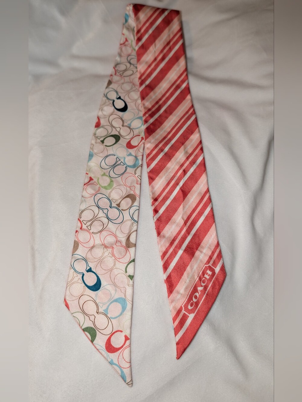 COACH Ponytail Silk Scarf Striped Signature Reversible Orange Multi EUC